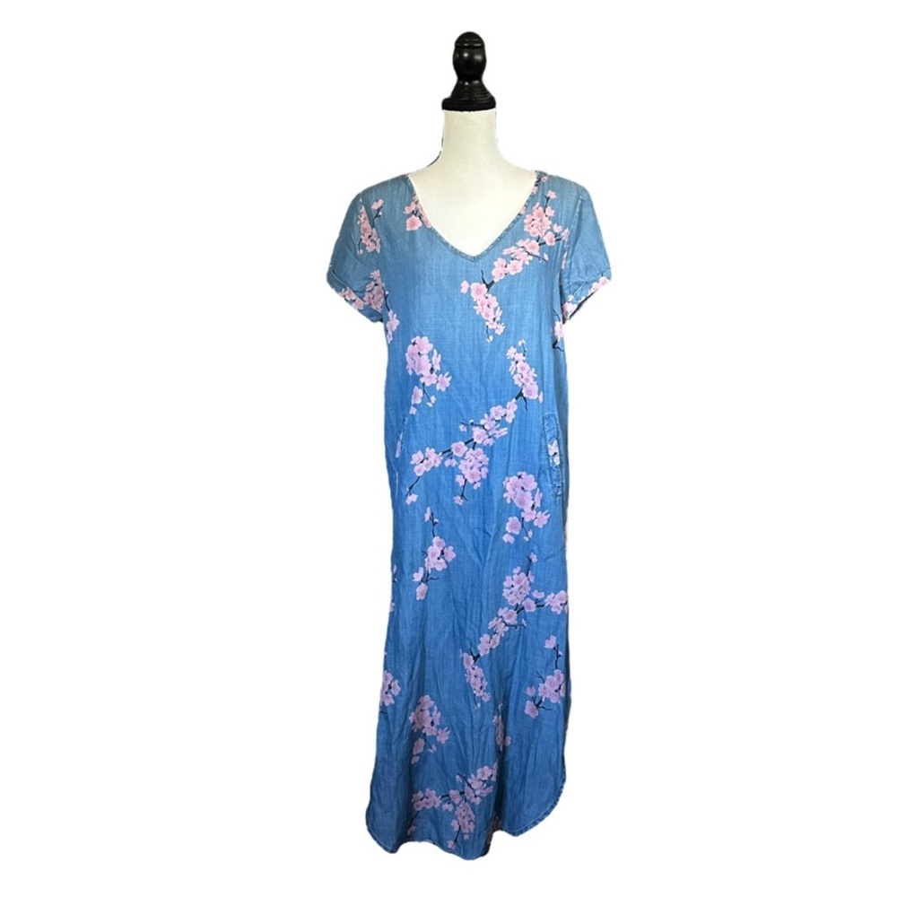 Billy T Cherry Blossom Maxi Dress Blue Sakura Floral Short Sleeve V-Neck Small